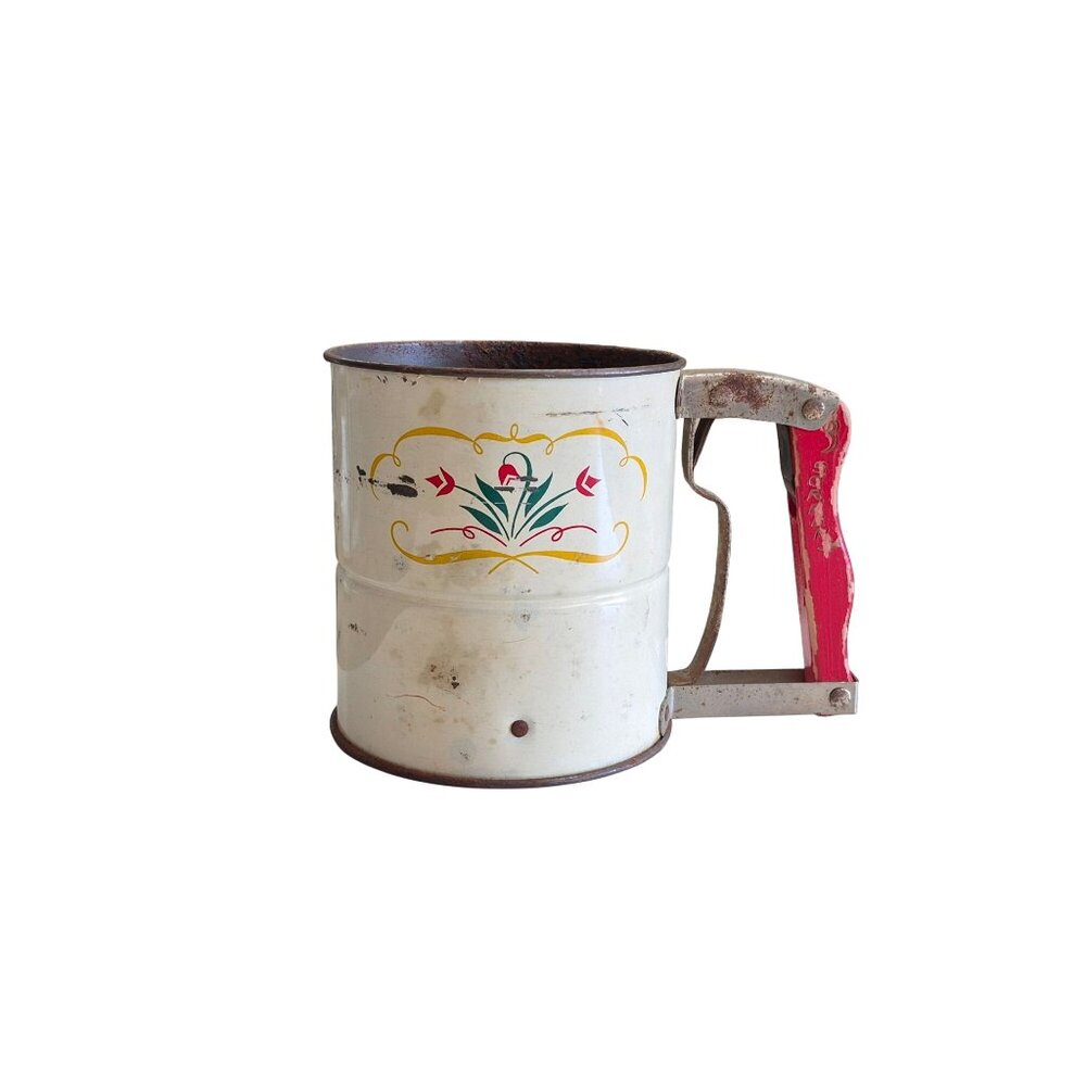 Vintage Androck Hand-i-Sift Flour Sifter White Floral Rustic Kitchen Collectible